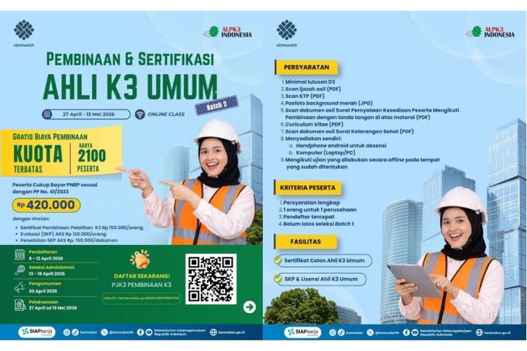 Kemnaker Buka Lagi Pembinaan K3 Gratis untuk 2.100 Peserta